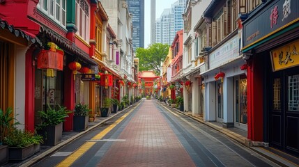 Obraz premium China Town's narrow alley: a blend of old and new Chinese architecture, with vibrant buildings. A bustling street, devoid of people, showcases urban charm and travel appeal.