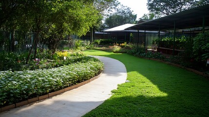 Obraz premium Serene Botanical Garden Path Surrounded by Lush Greenery and Sunlit Landscape : Generative AI