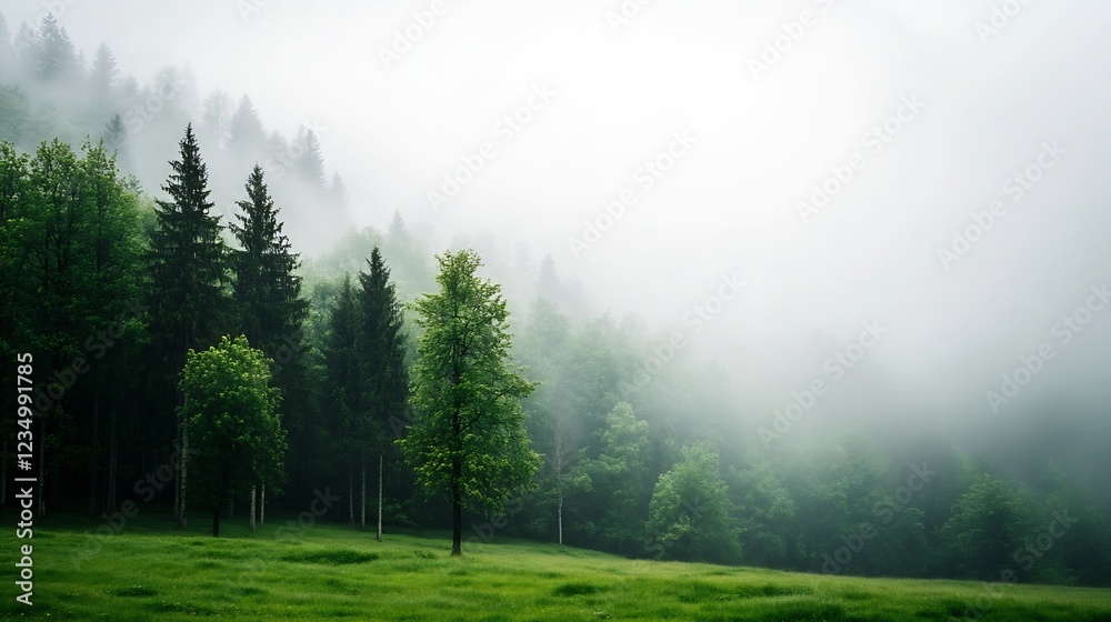 Aufkleber serene misty forest landscape with greenery and atmospheric foggy backdrop : generative ai