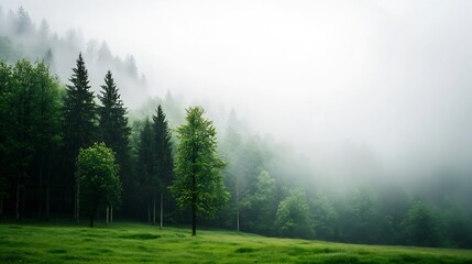 Fototapeta premium Serene Misty Forest Landscape with Greenery and Atmospheric Foggy Backdrop : Generative AI