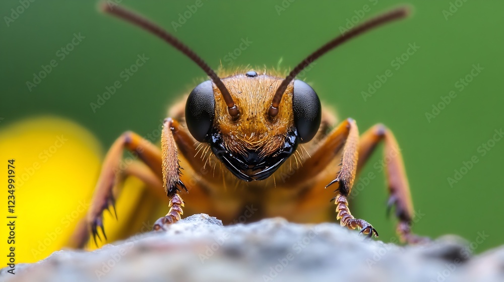 Poster intense closeup of furry wasp staring directly into camera lens : generative ai