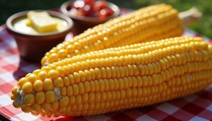 Fresh corn on the cob with butter and cherry tomatoes on picnic blanket for summer meal concept