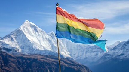 Vibrant Rainbow Flag Waving Against Majestic Snowy Mountain Background : Generative AI