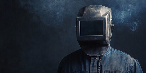 A welder wearing a dark protective helmet and suit is surrounded by smoke, representing industrial craftsmanship and safety precautions in metalworking environments.