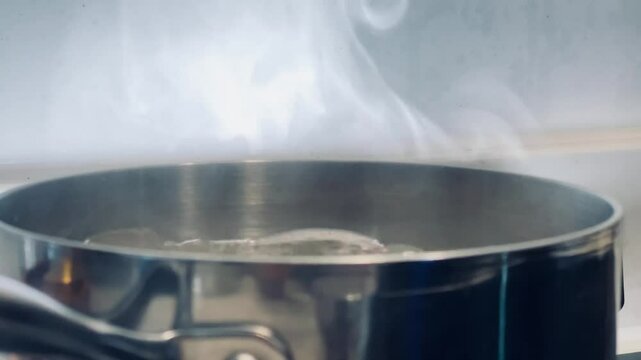 Steam rises gracefully from a simmering pot of water on a sleek stovetop, evoking a sense of warmth, simplicity, and the art of home cooking