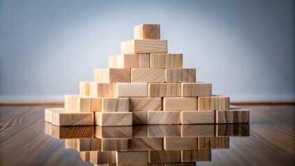 Wooden Blocks Stacked In A Pyramid Shape On A Reflective Surface, A Visual Representation Of Growth, Stability, And Achievement