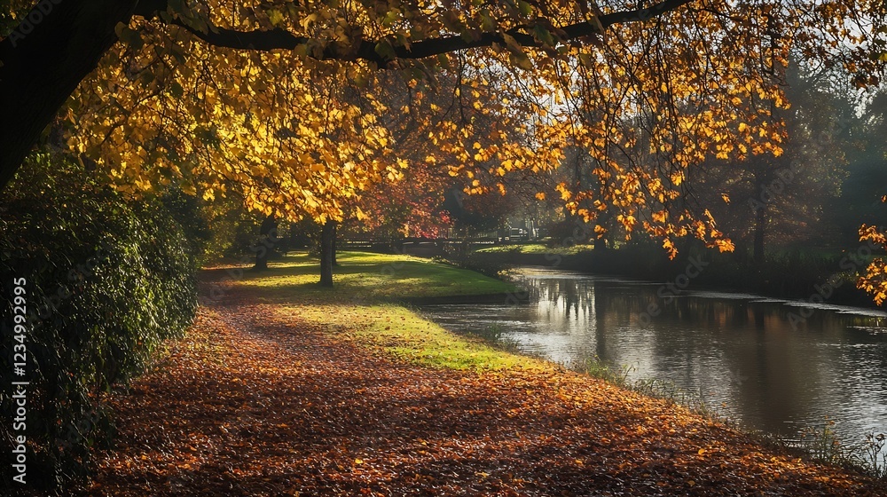 Poster Autumn Path by Tranquil River Under Canopy of Golden Trees : Generative AI