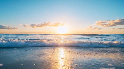 Fototapeta premium Breathtaking Sunrise Over Calming Ocean Waves Reflecting Golden Light Tranquil Beach Escape : Generative AI