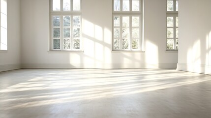 Fototapeta premium Bright Empty Room with Large Windows and Wooden Floors Illuminated by Sunlight : Generative AI