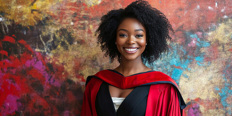 A graduate in a red gown smiles confidently in front of a vibrant, artistic background, celebrating academic success with elegance and individuality.