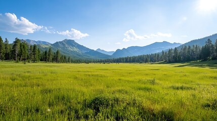 Fototapeta premium Expansive Mountain Valley with Lush Green Meadows and Clear Blue Sky : Generative AI