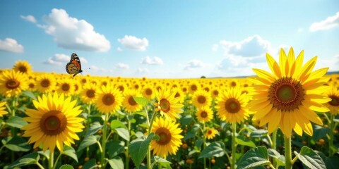 Fototapeta premium Serene Sunflower Field with a Butterfly in Flight, Basking in Sunny Skies