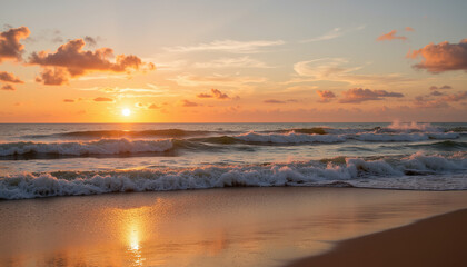 Fototapeta premium Sunset over ocean waves reflecting light on sandy beach