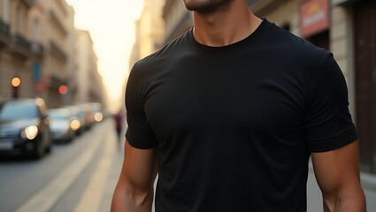 Fototapeta premium Close-up of a man wearing a blank black t-shirt on a city street.