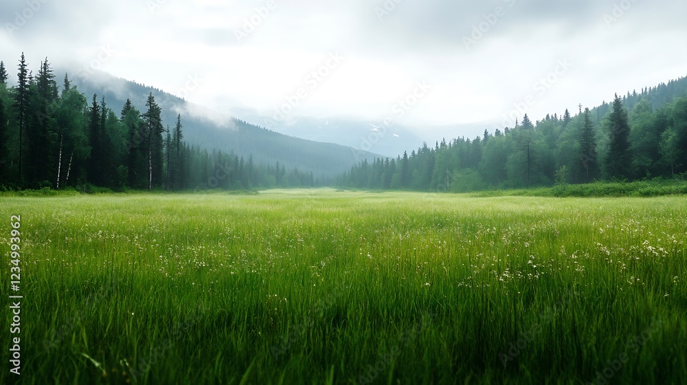 Poster expansive meadow with rolling green grasses in forested mountainous horizon : generative ai