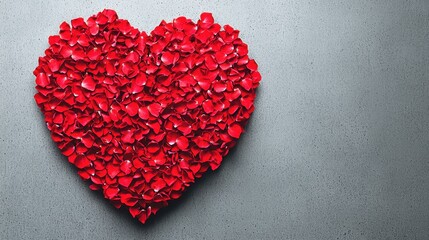Red rose petals arranged in a heart shape on a concrete surface.