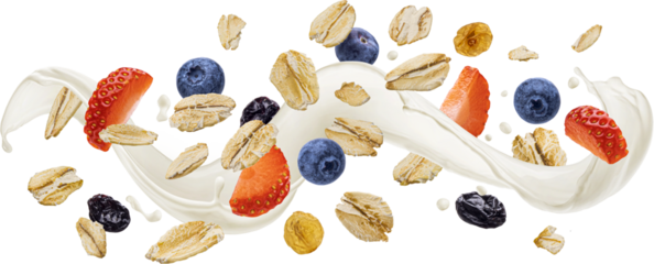 Falling oat flakes with blueberry and strawberry slices, oatmeal with milk splash isolated