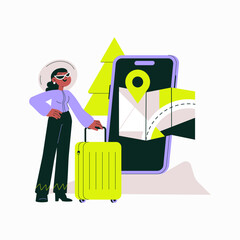 Female Traveler With Luggage And Navigation App In Flat Vector Illustration Symbolizing Travel Planning, GPS Navigation, And Outdoor Adventure, Isolated On White Background