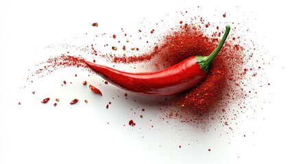 Realistic 3D illustration depicting a chili pepper powder splash or spicy burst in red color explosion on a white background resembling paint clouds or design elements