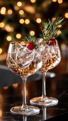 Obraz premium Two elegantly decorated cocktail glasses with rosemary and cherries, filled with ice cubes, set against a bokeh background of warm lights.