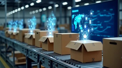 Brown Cardboard Boxes Moving on a Conveyor Belt in a Modern Warehouse with a Large Digital Display Showing a World Map and Glowing Network Icons Perfect for Illustrating Global Supply Chain - Powered by Adobe