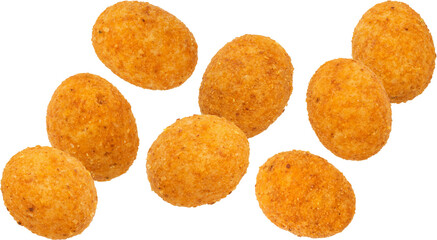 Falling paprika coated peanuts isolated on white background