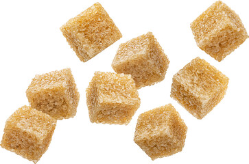 Falling cubes of cane sugar isolated on white background