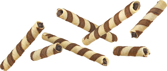 Waffle rolls, striped chocolate and vanilla wafer sticks isolated