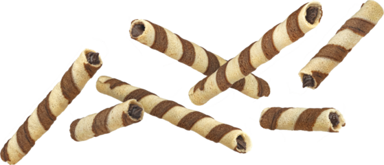 Waffle rolls, striped chocolate and vanilla wafer sticks isolated