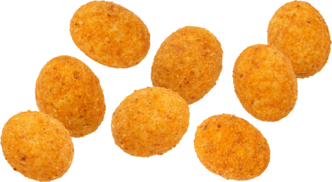 Falling paprika coated peanuts isolated on white background