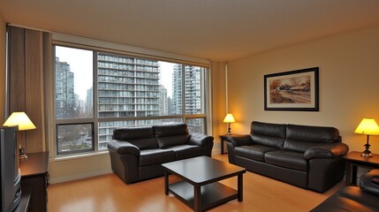 Modern City Apartment Living Room with Panoramic View