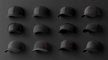 Realistic 3D mockup set of black caps, including sport baseball caps with visors and uniform hats from various angles. Ideal for headwear design illustrations.