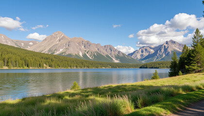 Scenic mountain lake landscape with blue sky
