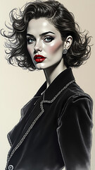 Fototapeta premium Graphite pencil sketch of a French haute couture model, cinematic style. Bold red lips, flawless matte skin, smoky eyes. Structured jacket, flowing fabrics. Golden streetlights, deep sapphire shadows,