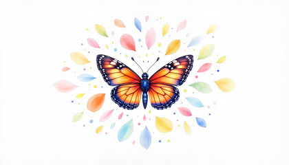 Colorful butterfly in flight with leaves on white background, beauty