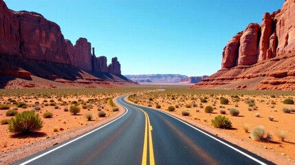 Fototapeta premium A scenic desert highway winds through a dramatic red rock landscape under a vibrant blue sky, promising adventure and exploration