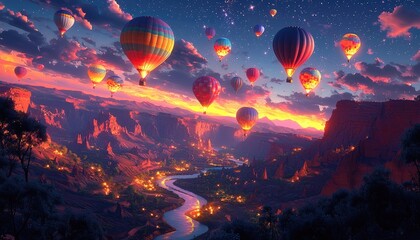 Obraz premium Hot Air Balloons Soar Over Canyon Sunset Landscape
