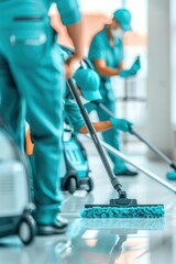 Cleaning crew mopping floors in a modern building.