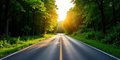 Obraz premium Asphalt Road Through Lush Green Forest at Sunset A Scenic Journey Towards the Golden Horizon