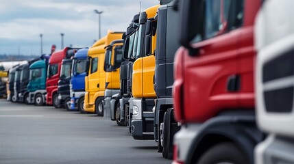 Naklejka premium Row of Colorful Cargo Trucks Parked at Logistics Hub Ready for Transportation and Delivery Services : Generative AI