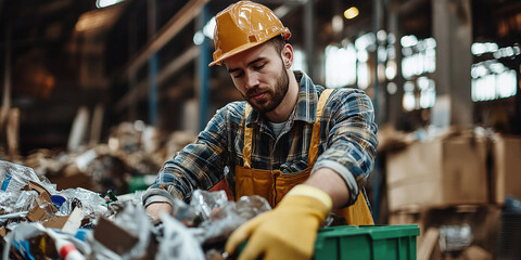 A factory worker wearing a helmet and gloves sorts materials in a recycling facility, illustrating sustainability, hard work, and waste management.