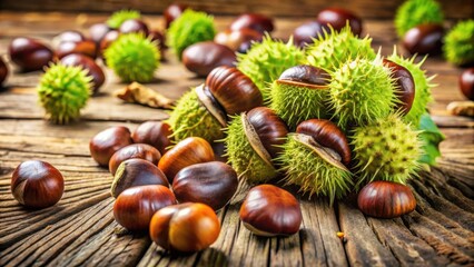 A collection of shiny brown chestnuts nestled amongst prickly green husks on a weathered wooden surface.