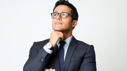 thoughtful successful businessman touches his chin and thinks