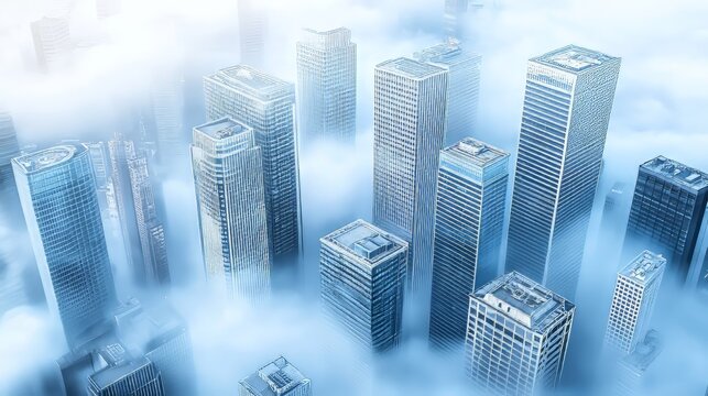 Aerial view of skyscrapers emerging from misty clouds during sunrise.