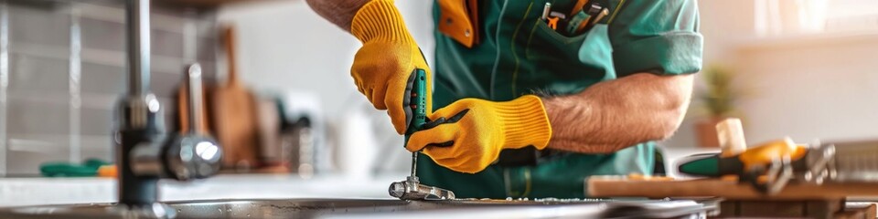A handyman uses tools to repair a kitchen sink.