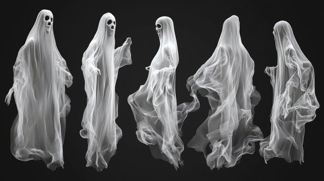 Realistic 3D vector ghosts with spooky transparent figures Perfect for creating eerie Halloween designs with ghoul or spirit silhouettes