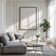 Vertical Poster Mockup on White Paneled Wall in Modern Living Room