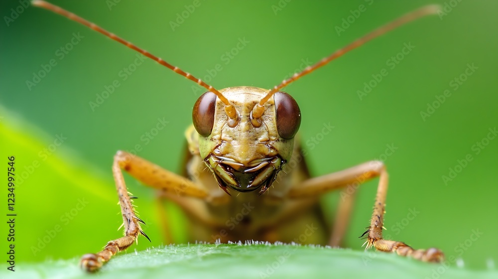 Poster Closeup of Grasshopper on Leaf with Vibrant Green Background : Generative AI