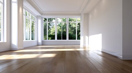 Fototapeta premium Spacious empty room with floor to ceiling windows and wooden floor overlooking lush greenery : Generative AI