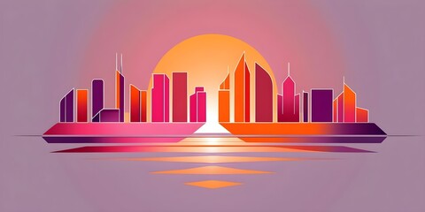 Abstract City Skyline Illustration Reflection Sunset Cityscape